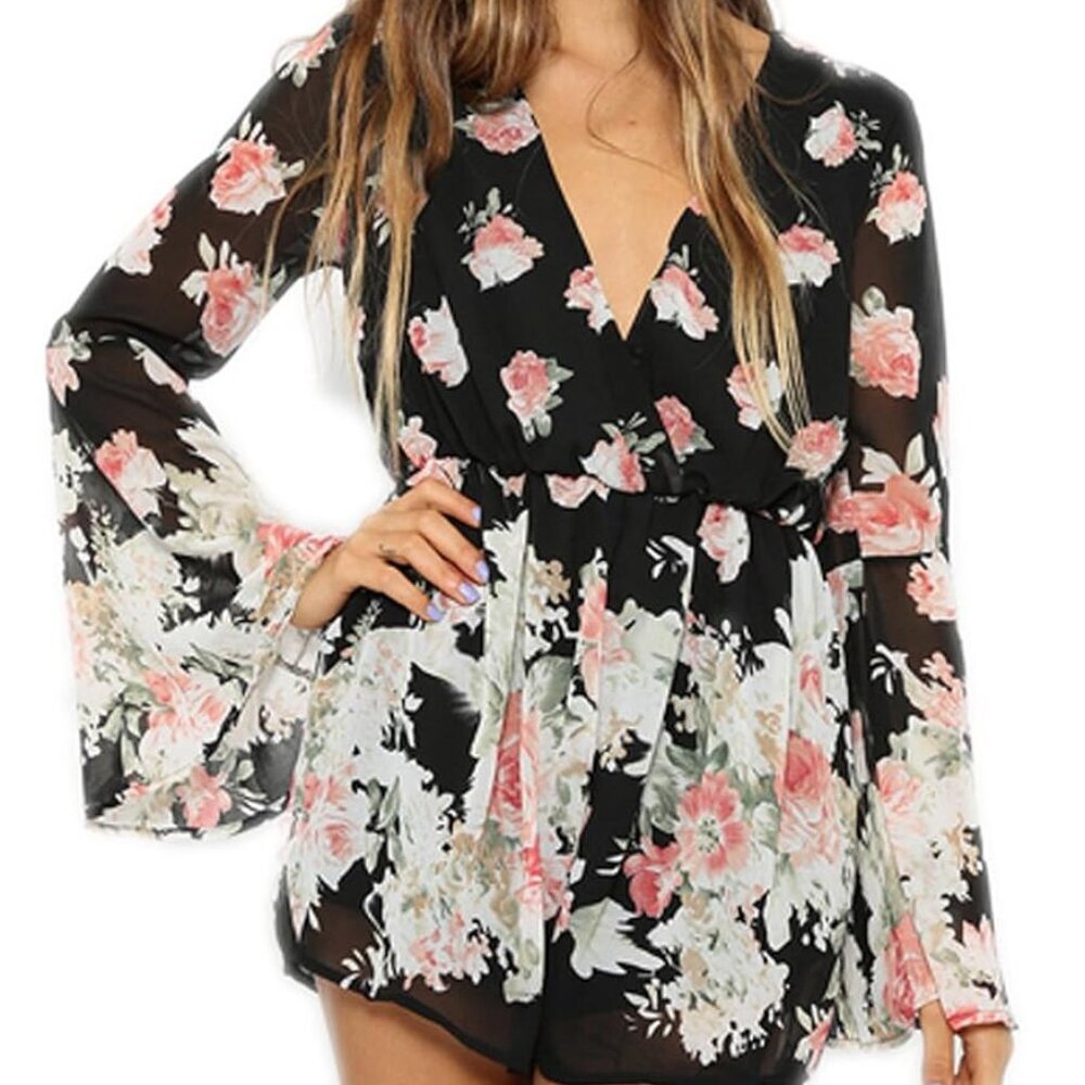 PERSUN‎ S Floral Black Summer Office Romper Whimsigoth, Fairycore,Cottage(#387)
